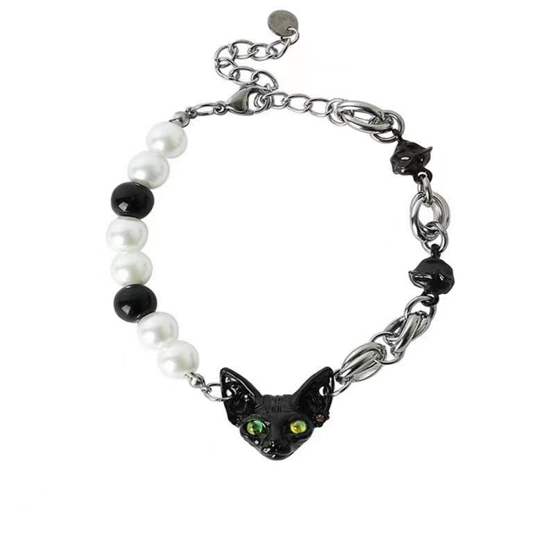 Wholesale Black Cat Pearl Beads Titanium Steel Alloy Bracelet