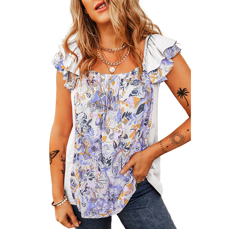 Wholesale Square Neck Back Heart Heart Floral Ruffle Sleeveless Top