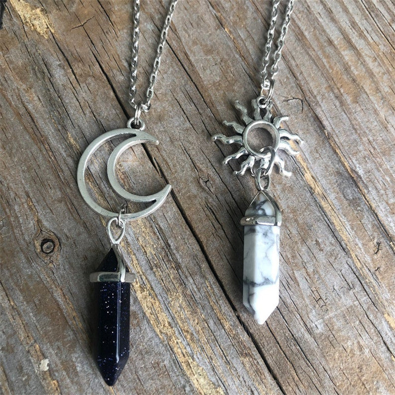 Sun Wholesale Sun Moon Natural Stone Pilar Hexagon Crystal Pareja Collares de aleación