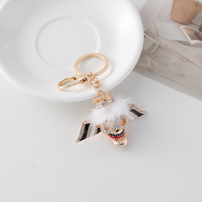 Wholesale Diamond Inlaid Plush Skull Metal Keychain
