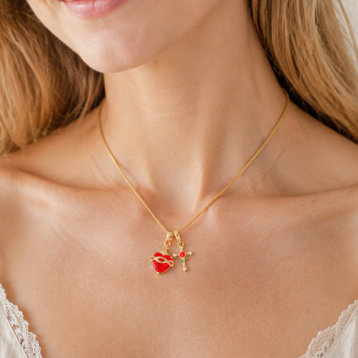 Wholesale Red Sacred Heart Cross Pendant Necklace Heart Shaped Collarbone Chain In Copper Fashion Jewelry Gift Accessory