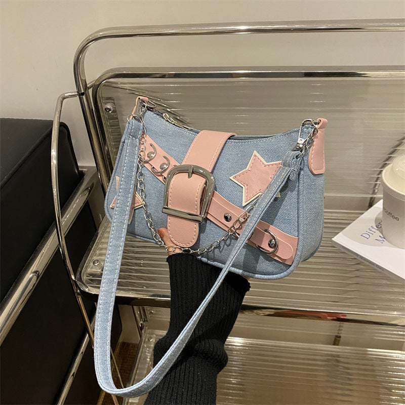 Wholesale Trendy Star Casual Denim Chain Shoulder Underarm Bag