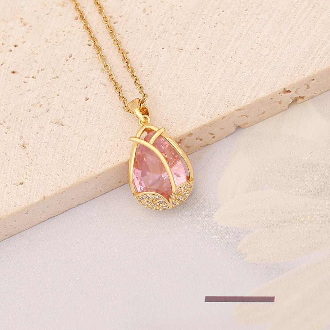 Wholesale Pink Pendant Brass Micro-inlaid Heart Butterfly Stainless Steel Necklaces