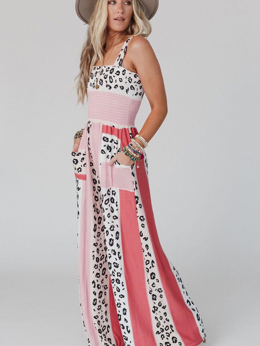 Wholesale Pink Leopard Mixed Color Print Jumpsuit