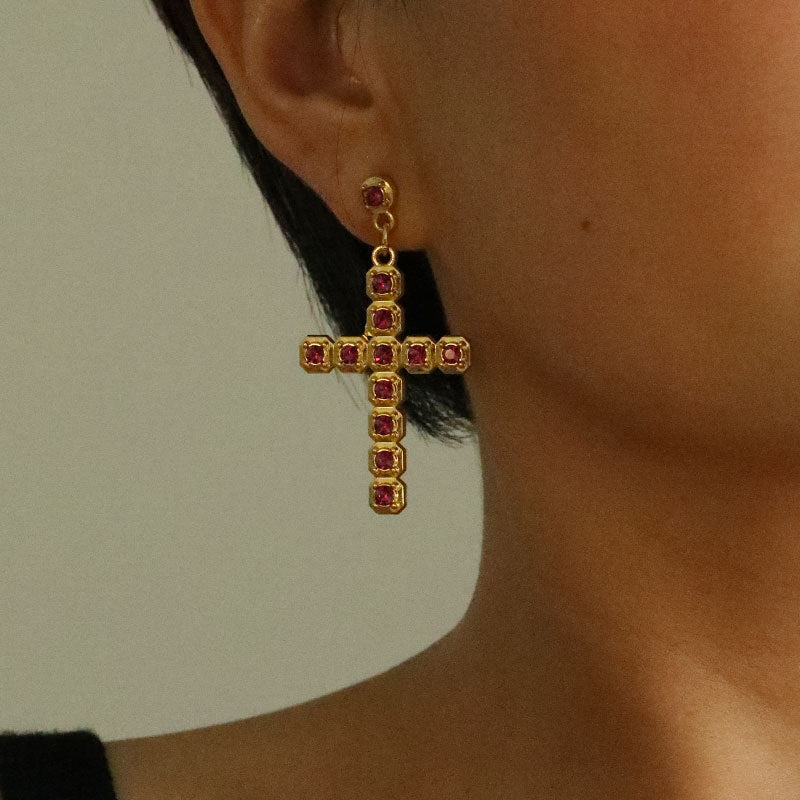 Wholesale Gute Alloy Inlaid Colored Diamond Cross Super Flash Ladies Earrings