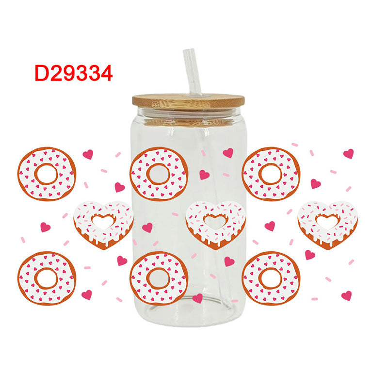 Wholesale Pink Cartoon Heart Sweet Donut 16oz Cup UV DTF Wraps