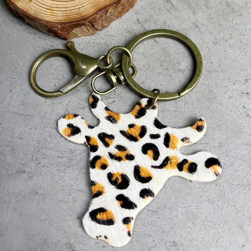 Wholesale 2pcs/pack Ethnic Style Western Leopard Cow Head Leather Keychain