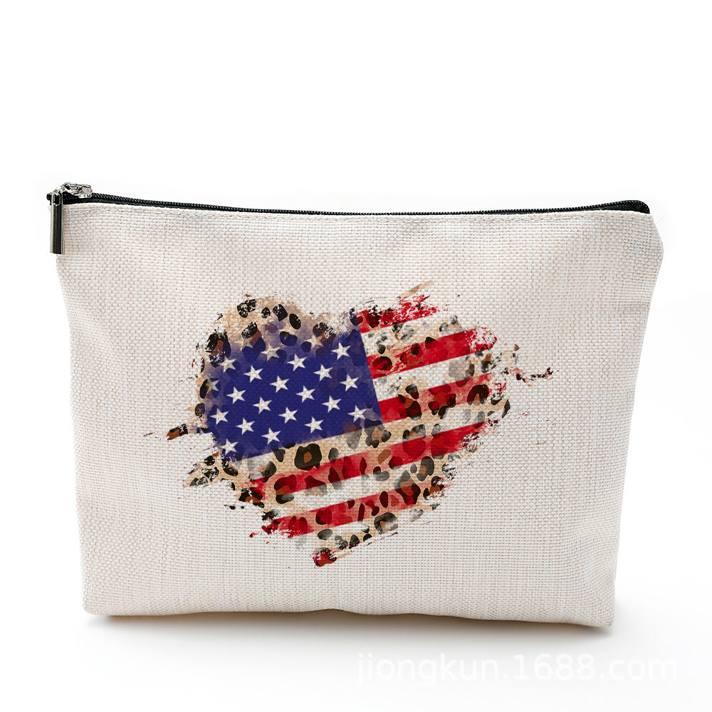 Wholesale Independence Day Waterproof Linen Cosmetic Bag
