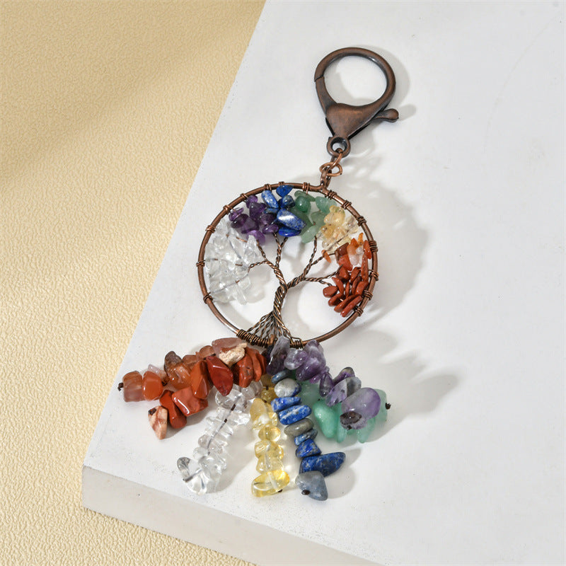 Wholesale Natural Crushed Stone Circular Life Tree Winding Copper Keychain