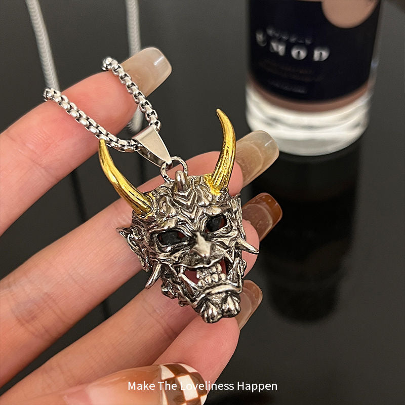 Wholesale Golden Horn Prajna Titanium Steel Necklace Male Ghost Mask Pendant Hip-Hop Duffian Handsome Cool Personality Pendant