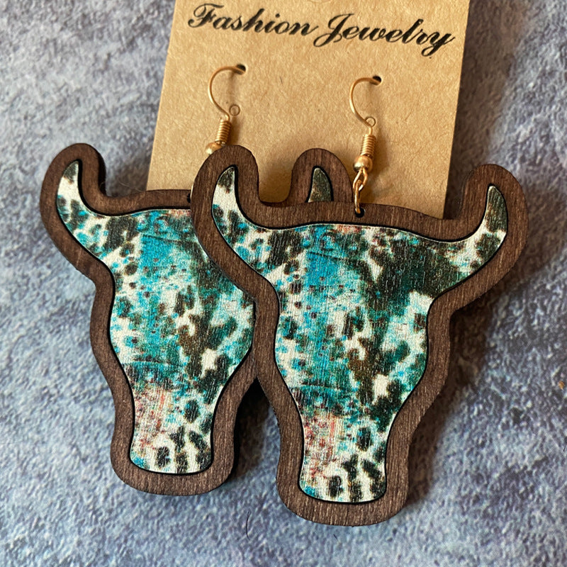Wholesale Western Bull Head Inlaid Vintage Wood Earrings