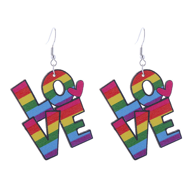 Wholesale LOVE Rainbow Wooden Drop Earrings