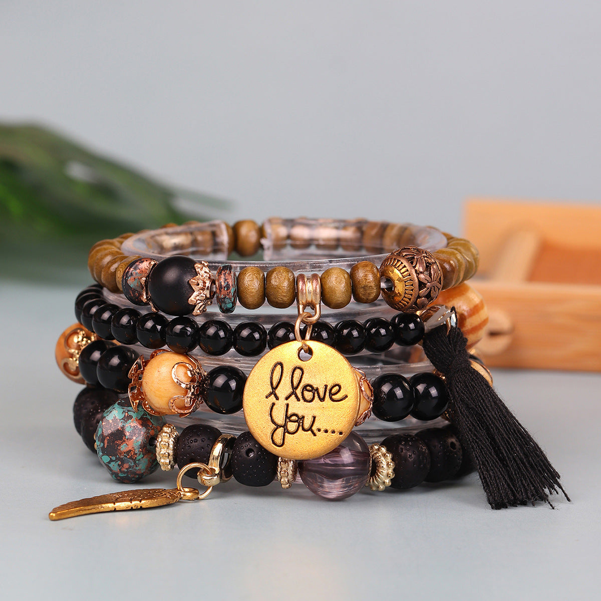 Wholesale Wing Wood Bead Tassel Elastic Bracelet