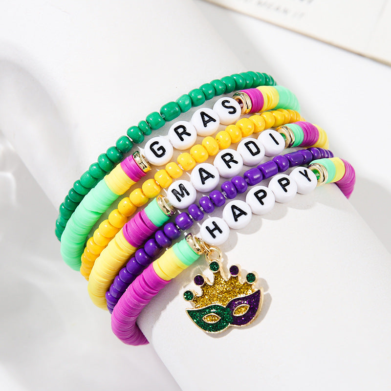 Wholesale Carnival Party Beads Purple Yellow Green Collocation Bracelet MARDI GRAS Layered Bracelet