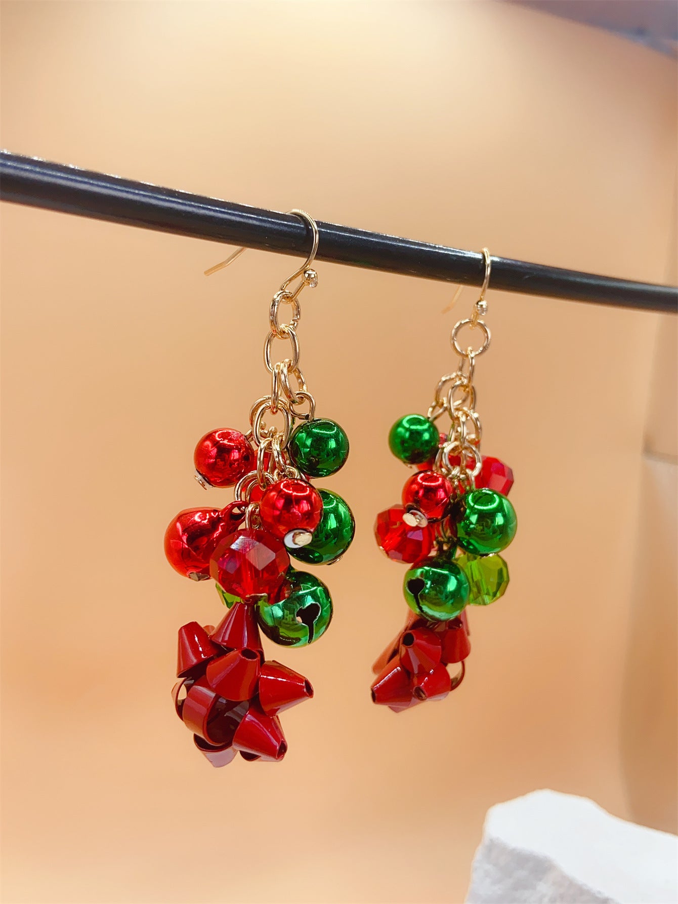 Wholesale Christmas series exaggerated red and green color snowflake Bell tassel Carnival earrings