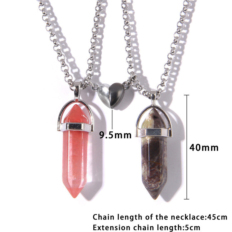 Wholesale Love Magnetic Buckle Couple Natural Hexagonal Column Raw Stone Pendant Necklaces