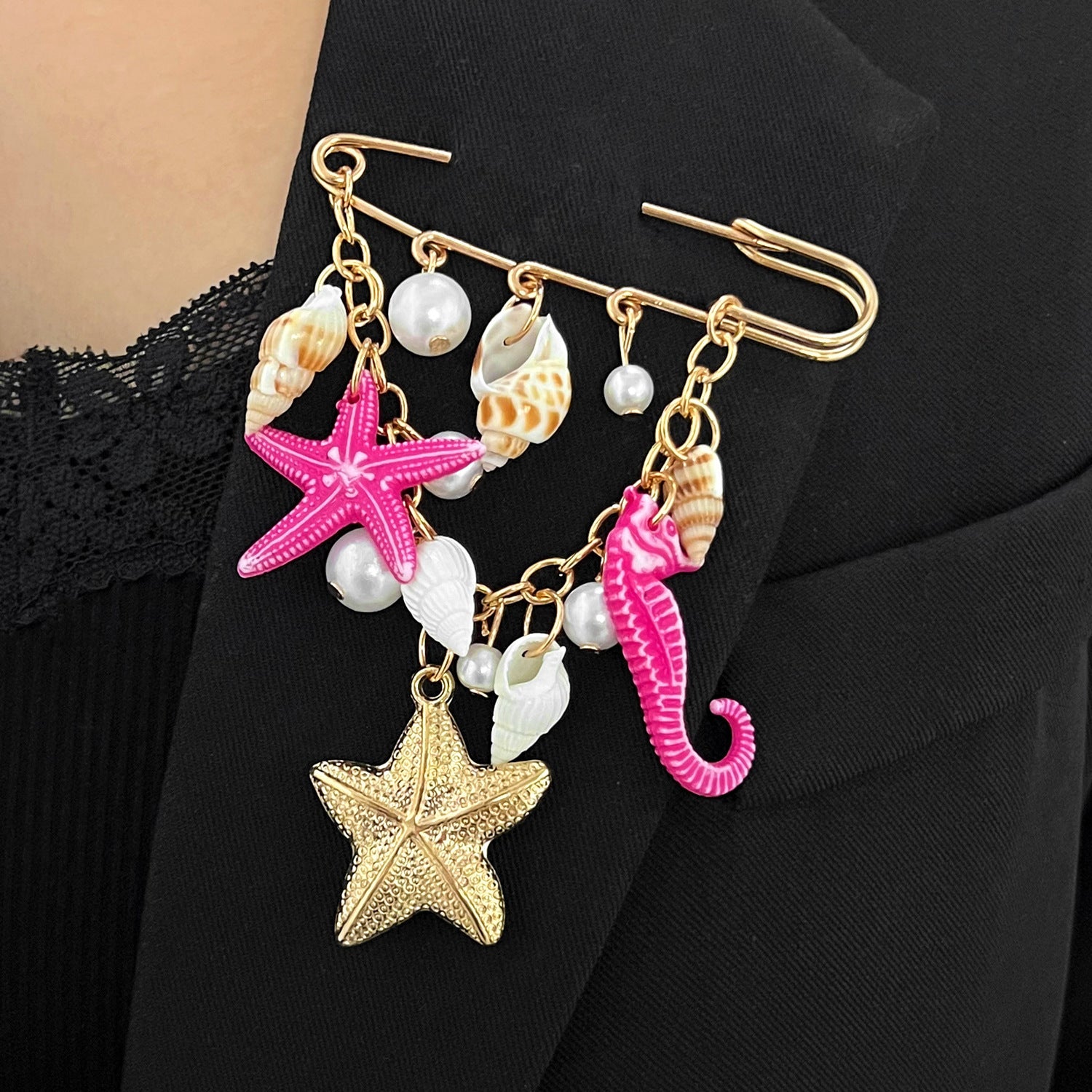 Wholesale Alloy Gold Beach Brooch Pendant Starfish Shell Imitation Pearl Women S Multifunctional Pants Chain Clip Everyday Jewelry Accessory Gift