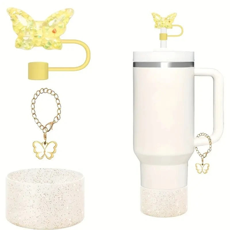 Wholesale Creative butterfly keychain 10mm straw cap glitter cup set accessories