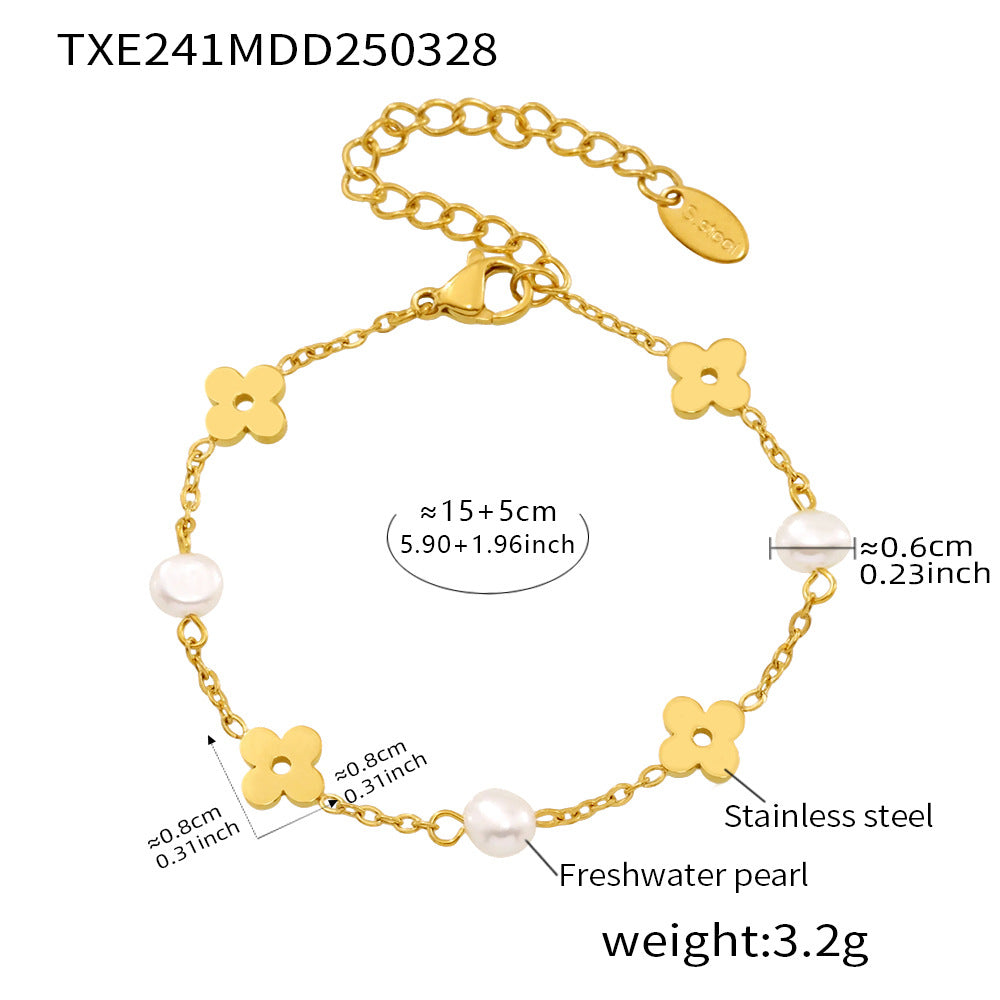 Wholesale 18K real gold freshwater pearl flower chain necklace i bracelet stainless steel set