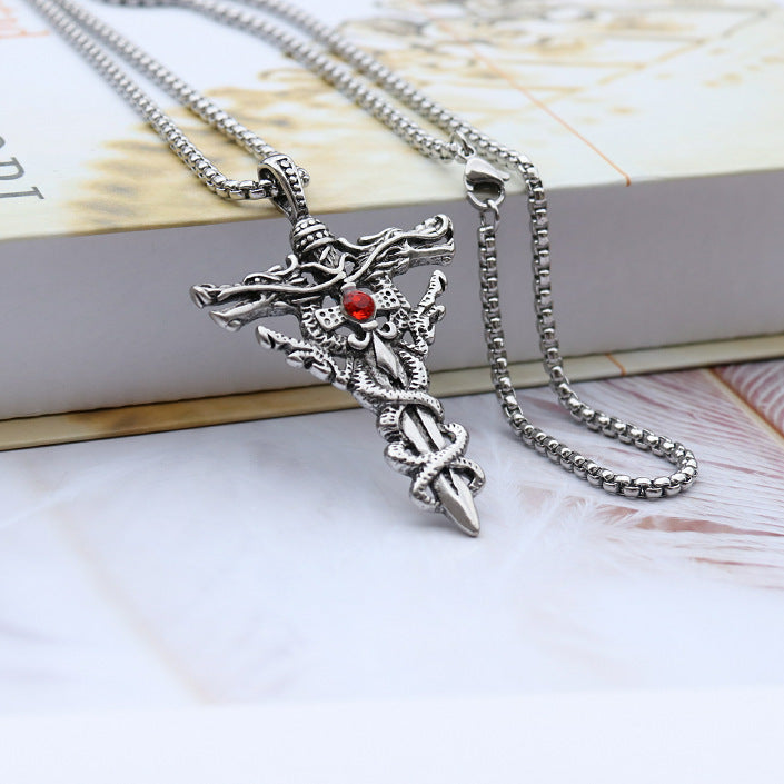 Wholesale Double Dragon Sword Titanium Steel Retro Punk Cross Necklace