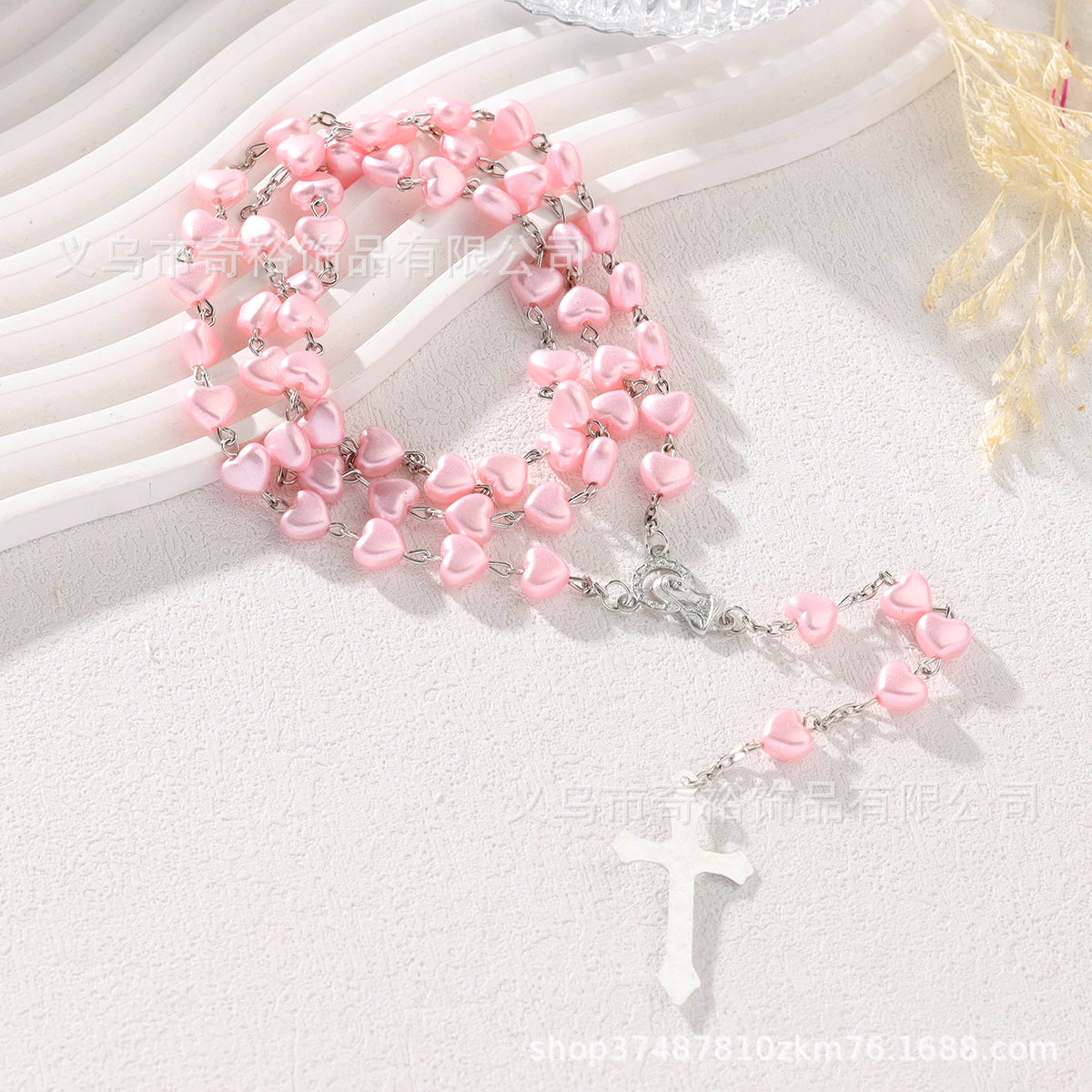 Wholesale 5pcs/pack Love pink rosary necklace cross jewelry