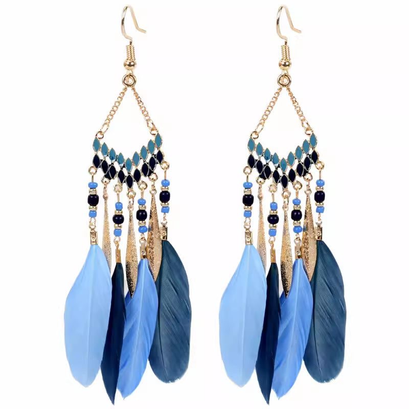 Wholesale Bohemian Long Feather Tassel Earrings