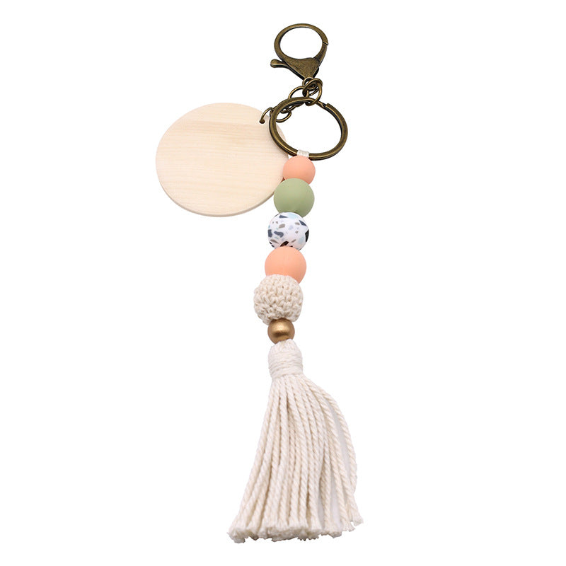 Wholesale Round Wood Chips Strung Tassel Keychain