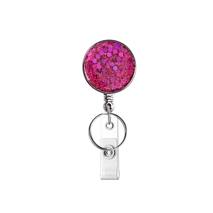 Wholesale Badge Reels UV Electroplated Resin Glitter Sequins Epoxy Badge Reel Retractable Keychain