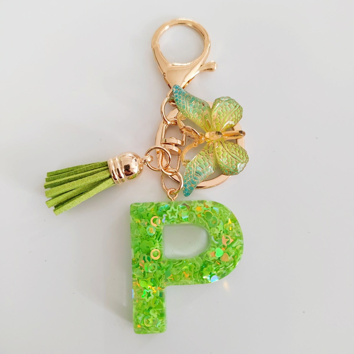 Wholesale 26 English Alphabet Keychain Pendant Green Star Glitter Resin Pendant  Key Chain