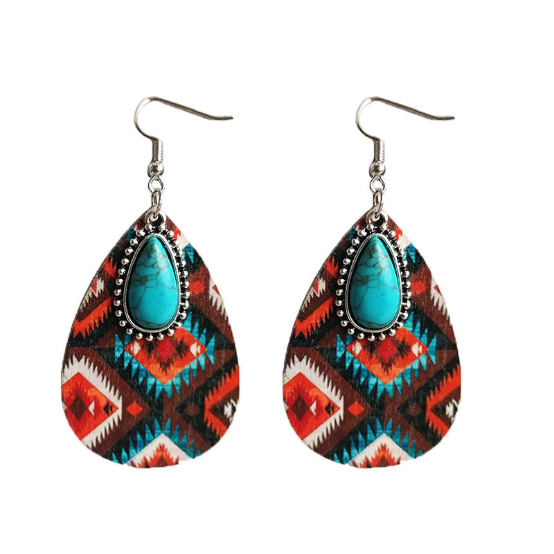 Wholesale  2 Pairs/Pack Turquoise Pendant Aztec Western Wooden Earrings
