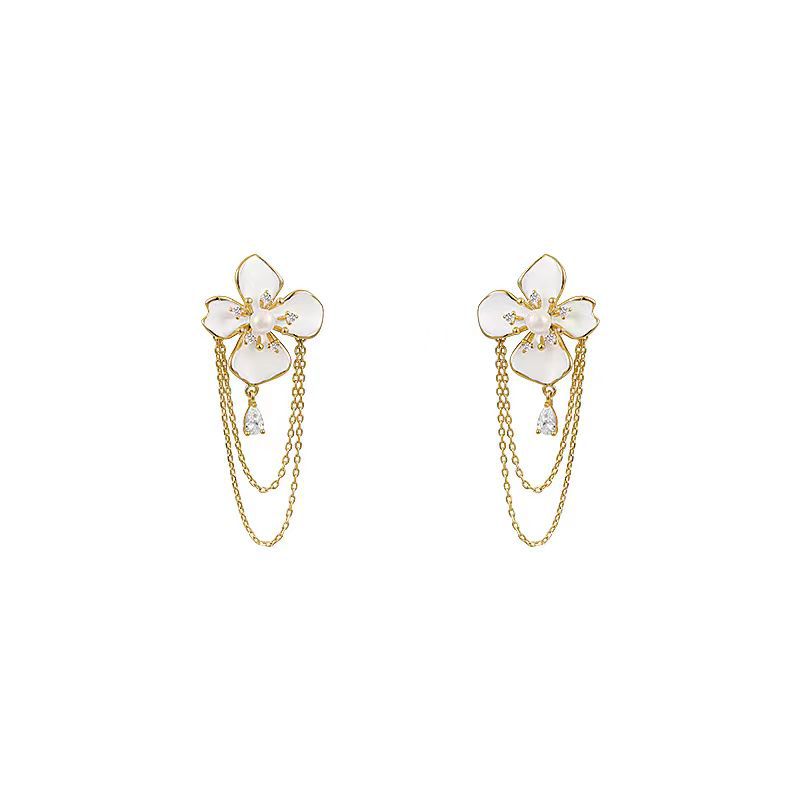 Wholesale Diamond Pearl Flower Tassel Earrings