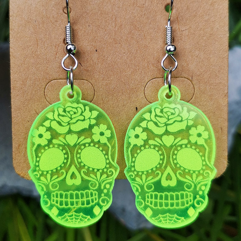 Wholesale 2pairs/pack Acrylic Halloween Wine Glass Skeleton Cat Fluorescent Green Earrings