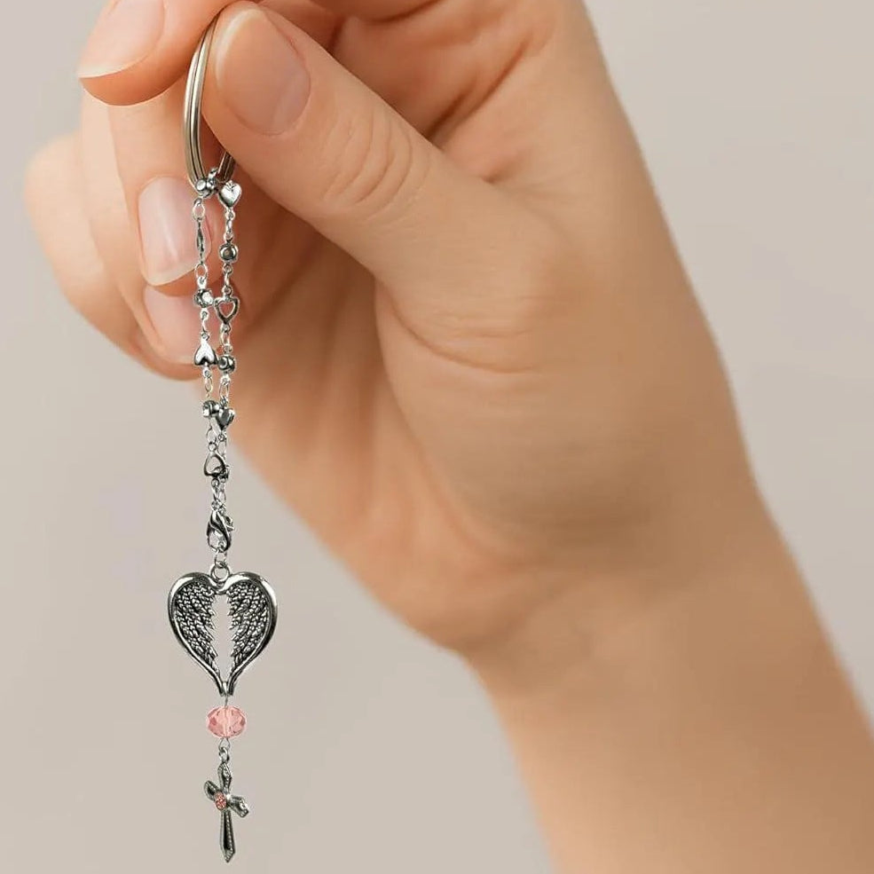 Wholesale Diamond-studded heart chain angel wing cross keychain