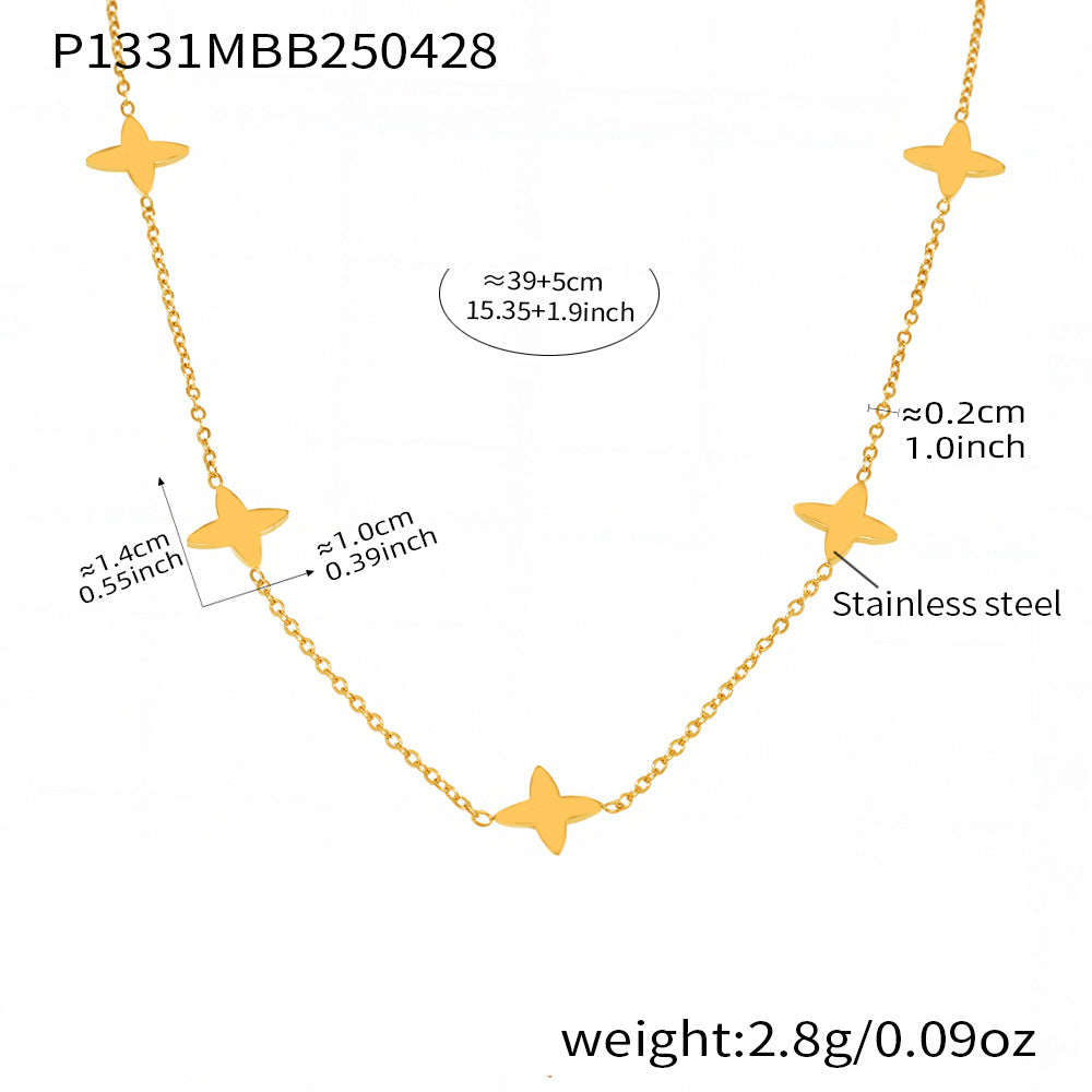 Wholesale Round Beads and Zirconia Stacked Lucky Four-Leaf Flower Small Necklace