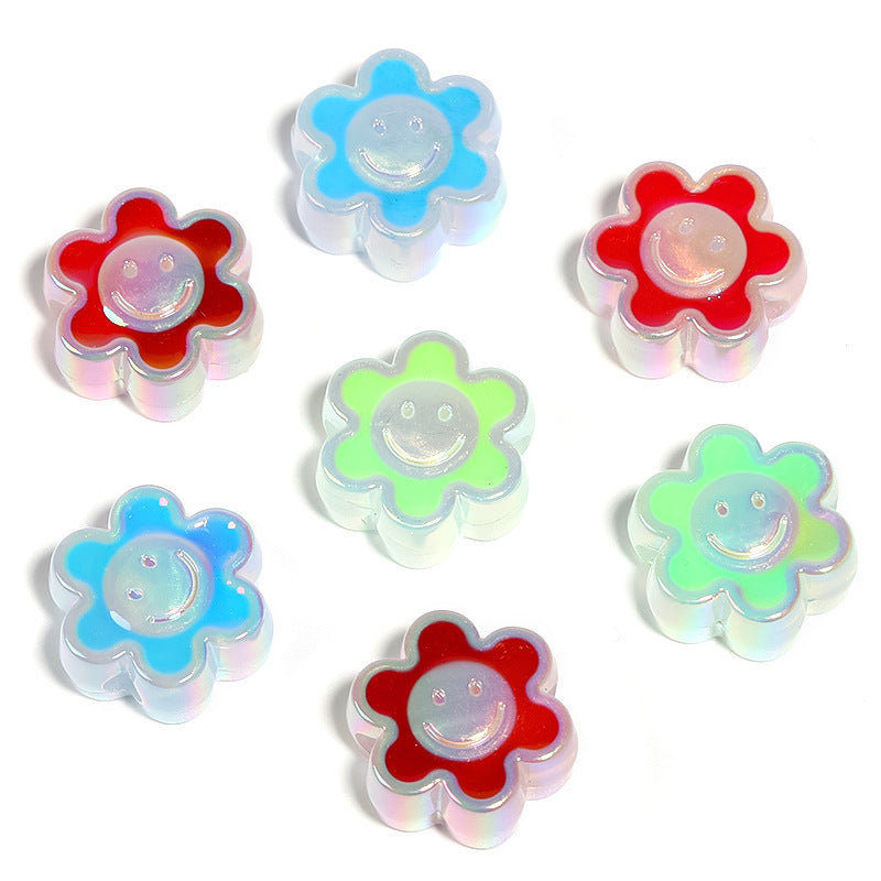 Wholesale 100pcs Luminous Acrylic Drip Oil Beads Smiley Face Sunflower DIY Straight Hole Beads