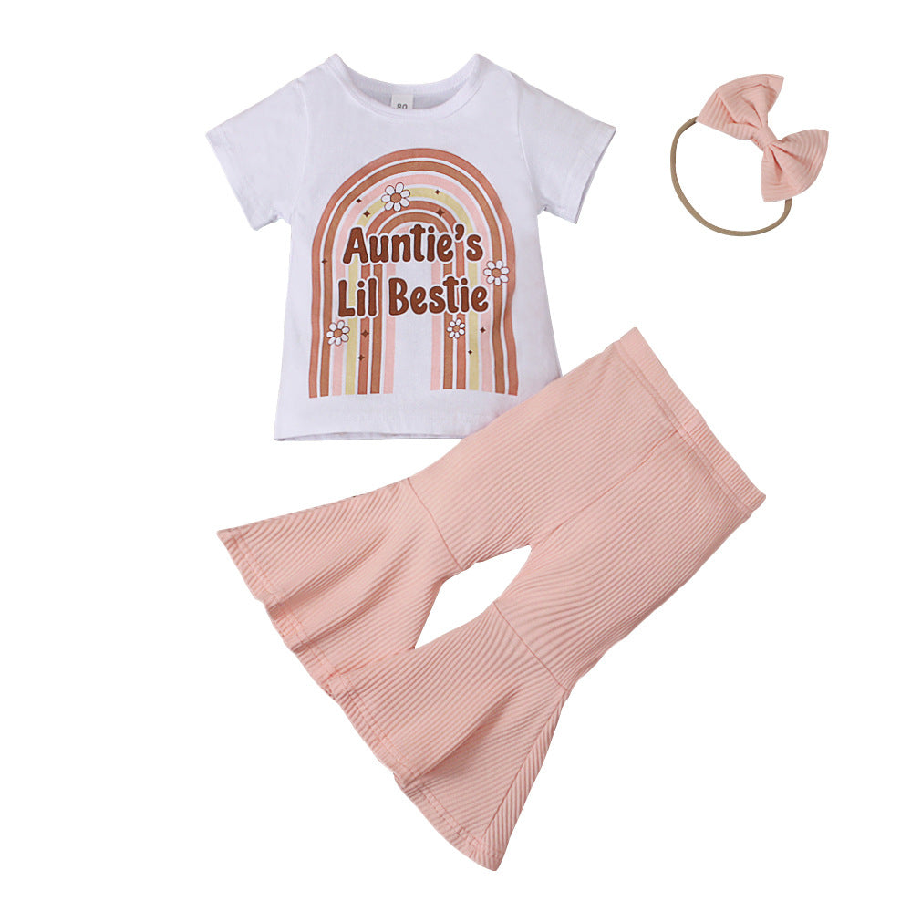 Wholesale Children's MAMA Rainbow Printed Short-sleeved Flared Pants Bow Hair Rope Three-piece Set