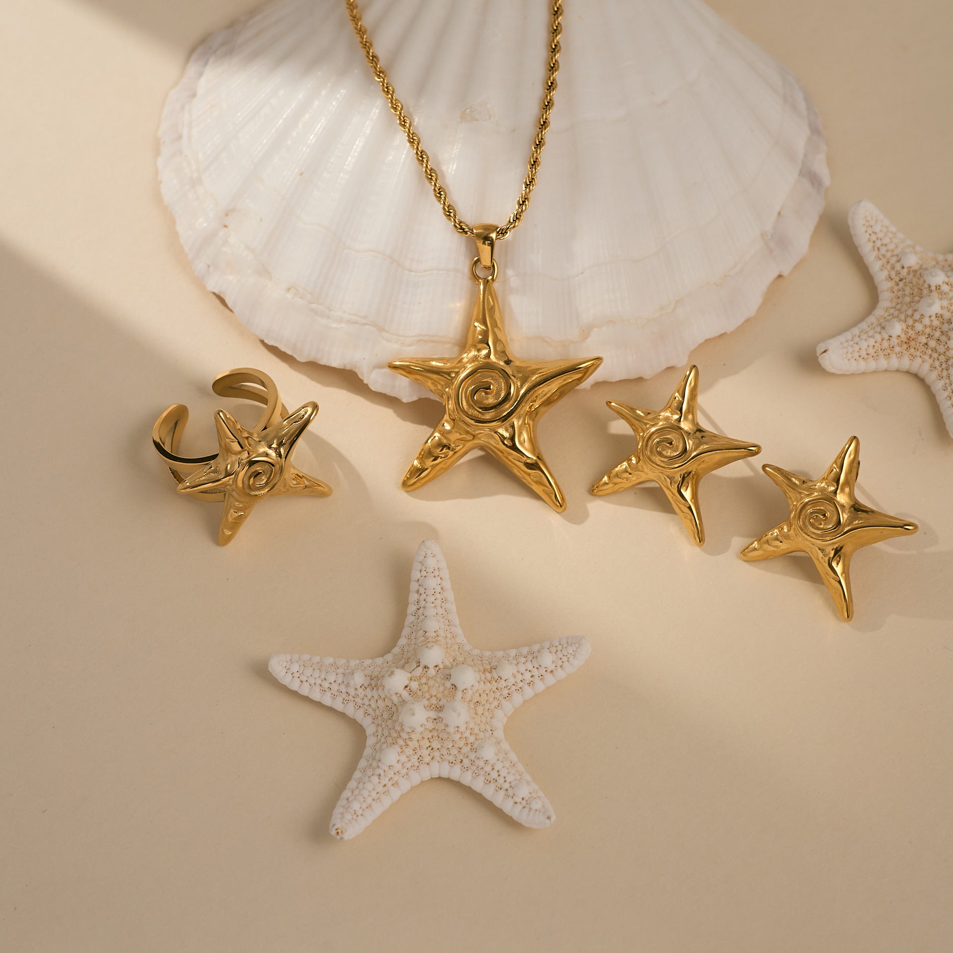 Wholesale 18k gold-plated titanium steel starfish beach necklace earrings set