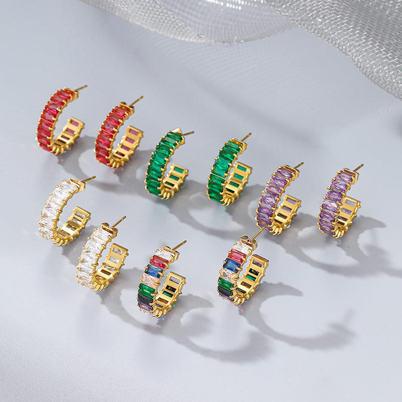 Wholesale Colored Zircon Stainless Steel Gold Plated C Shape Earrings