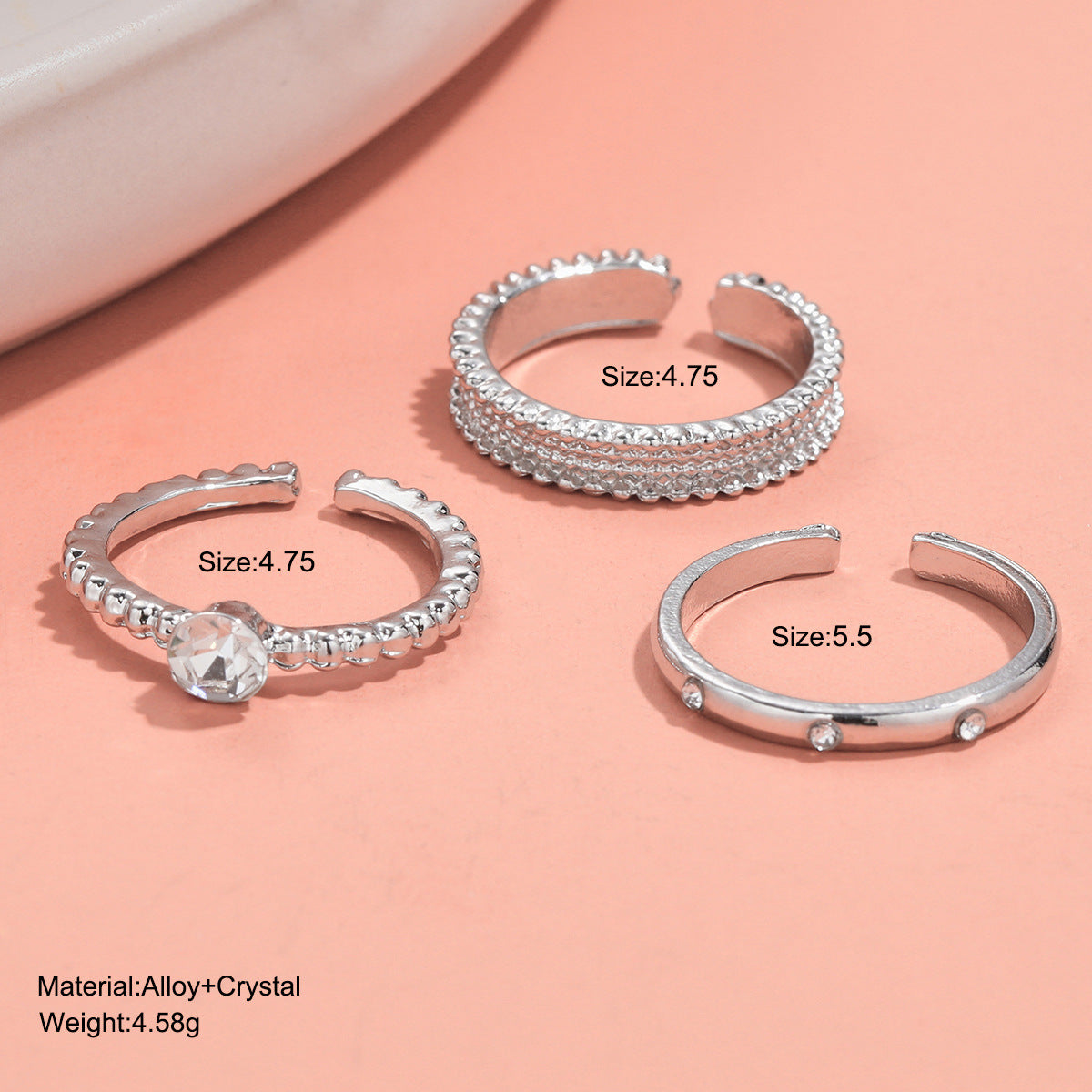 Wholesale Set of 3-piece Diamond Inlaid Open Alloy Rings