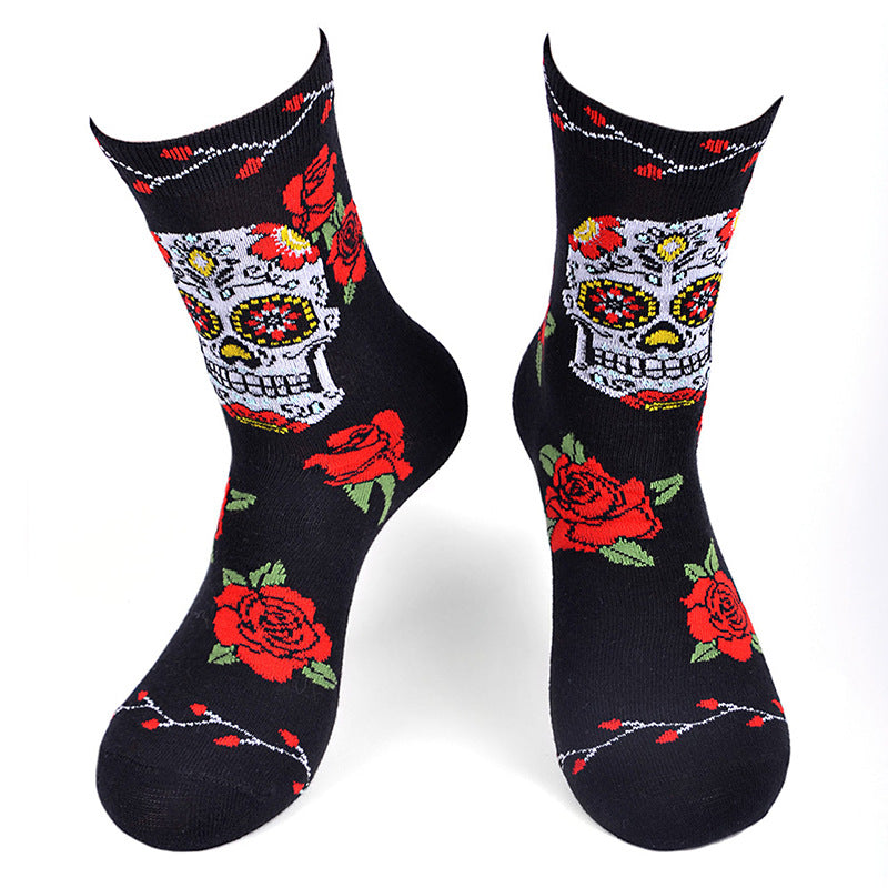 Wholesale Rose Skull Skateboard Mid Cotton High Tube Socks