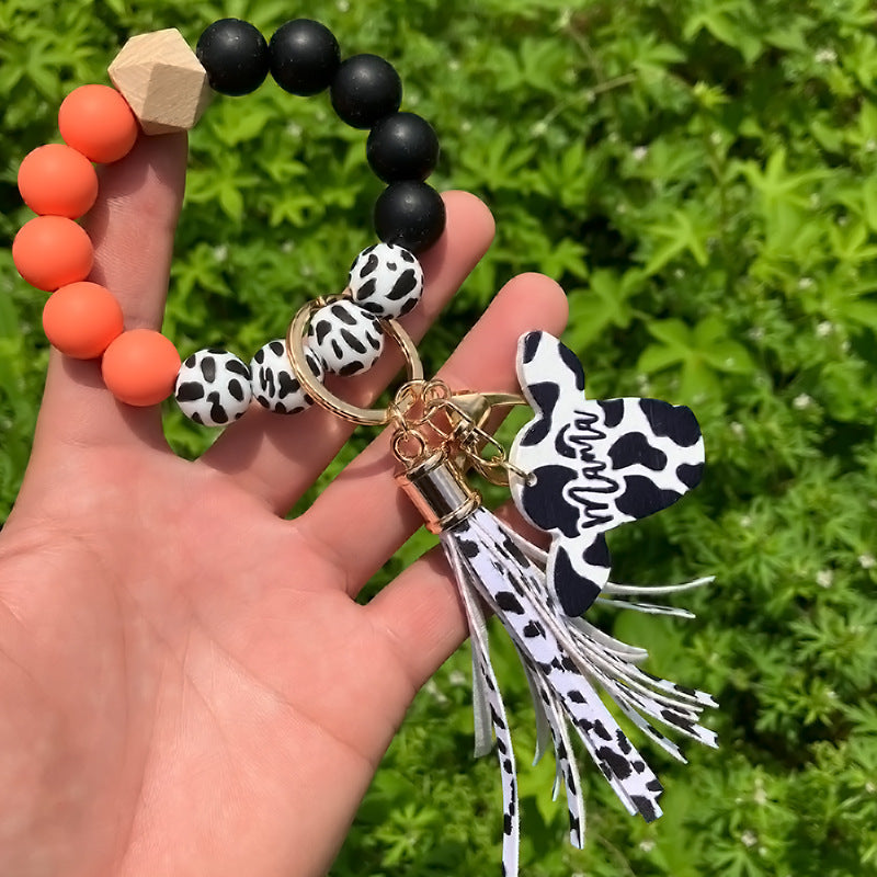 Wholesale Western Style Leopard Print Silicone Bead Bracelet Keychain