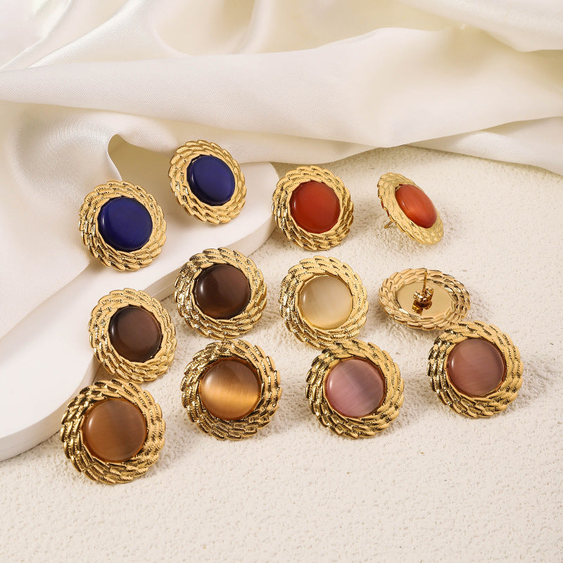 Wholesale Antique Multicolor Round Fried Dough Twists Plated 18k Gold Opal Stainless Steel Earrings