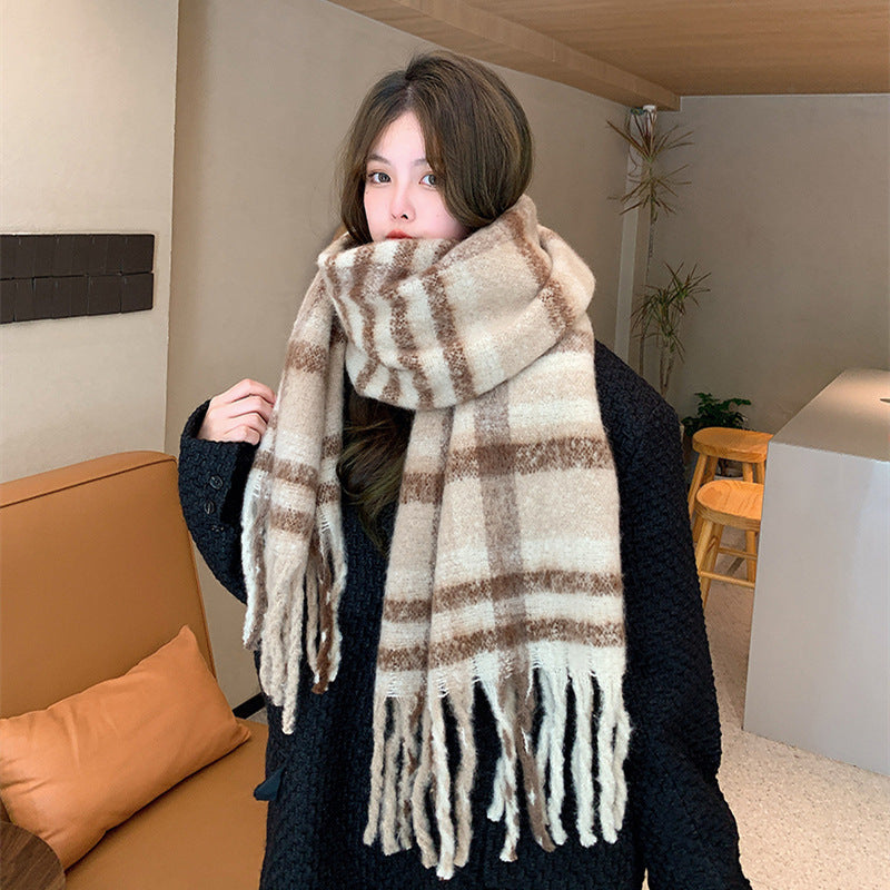 Wholesale rainbow plaid fringed mohair thickened scarf