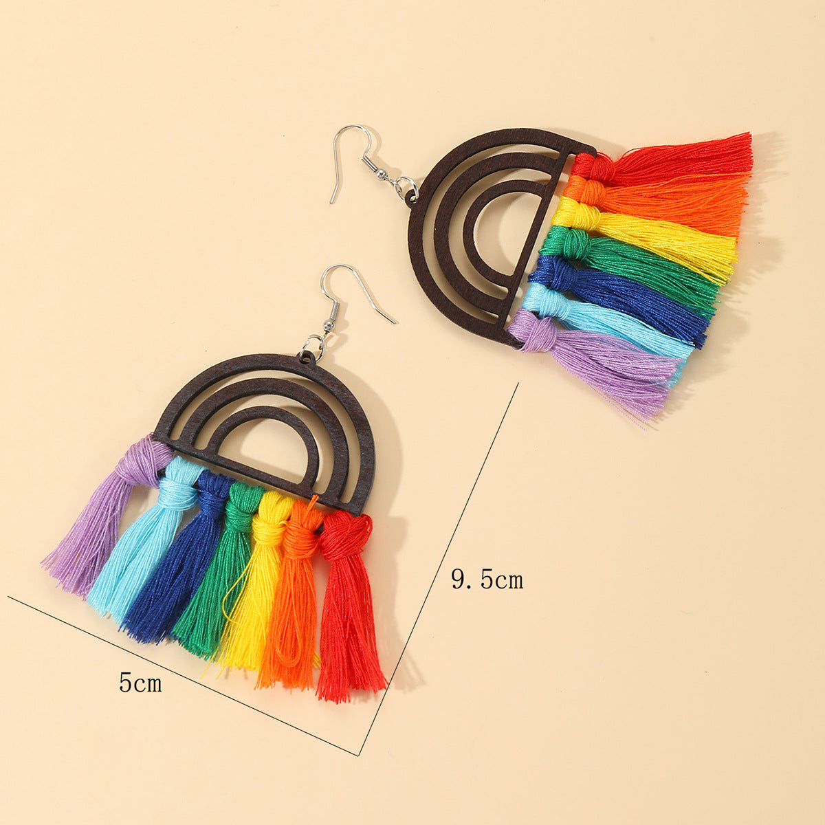 Wholesale Boho Wooden Rainbow Tassel Hand Braided Earrings