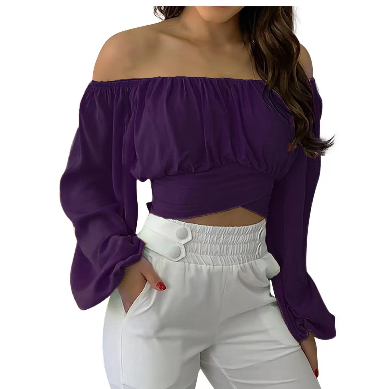 Wholesale Off-the-shoulder Cross-Strap Long-Sleeved Top