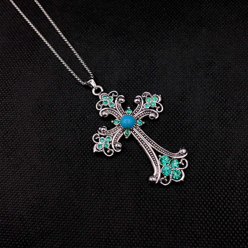 Wholesale Vintage Flash Diamond Turquoise Cross Large Necklace