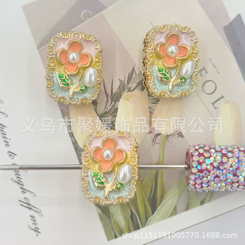 Wholesale 10pcs Oil painting style  flowers pearls beads