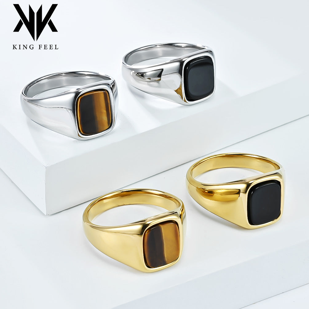 Wholesale Smooth black stone tiger eye gemstone Stainless Steel Rings