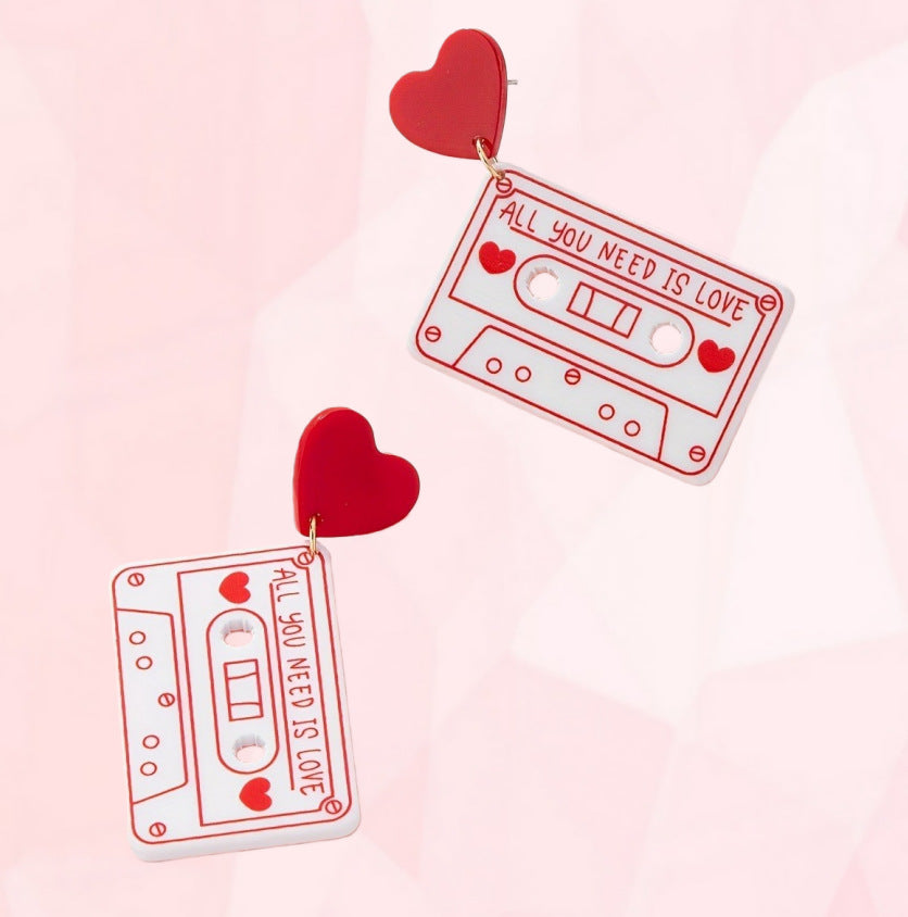 Wholesale Valentine' s Day Heart-Shaped Acrylic Cassette Tape Earrings