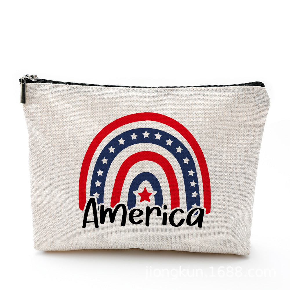 Wholesale Independence Day Waterproof Linen Cosmetic Bag